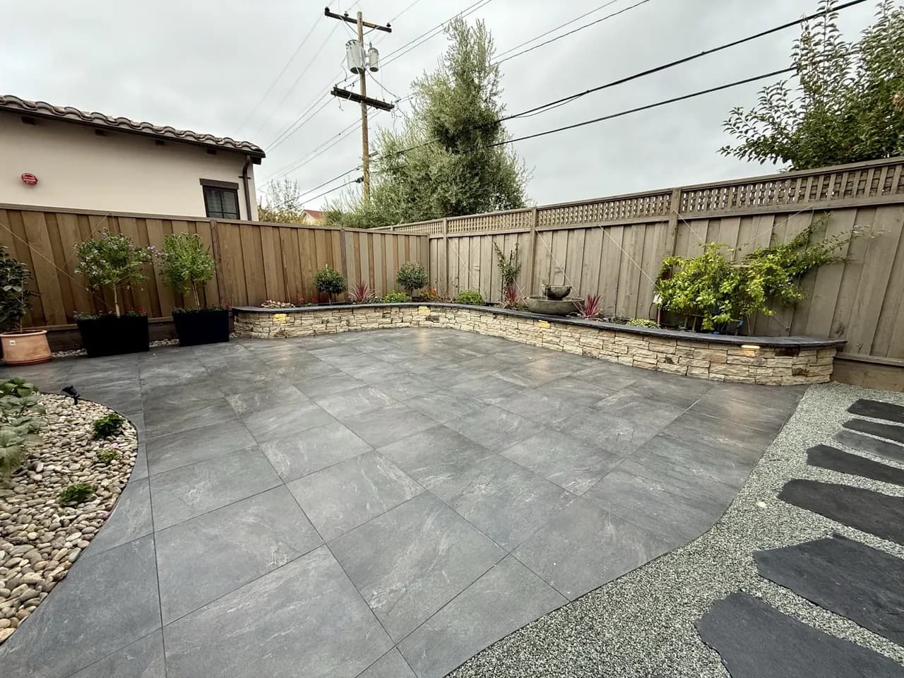 A completed low-maintenance landscape designed for the Bay Area climate